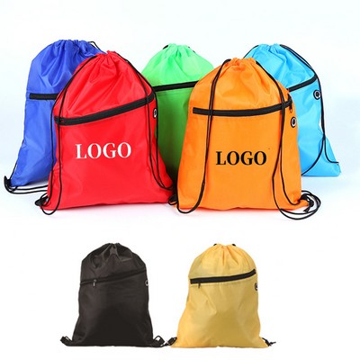 210D Drawstring Backpack w/Front Zipper Pocket