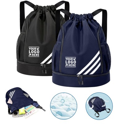 Sports Gym Drawstring Backpack Water Resistant String Bag with Shoe Compartment Side Mesh Pocket